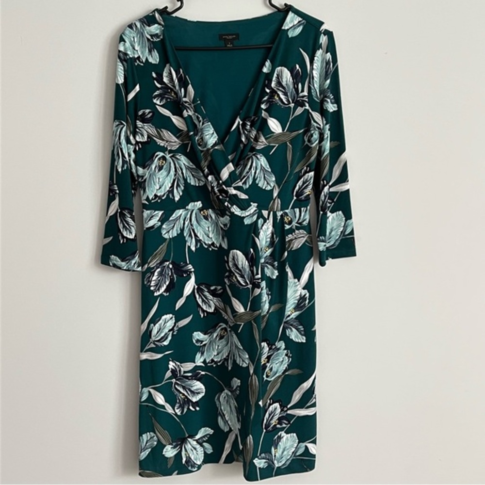 Ann Taylor Factory Teal Floral Print Long Sleeve V Neck Faux Wrap Dress